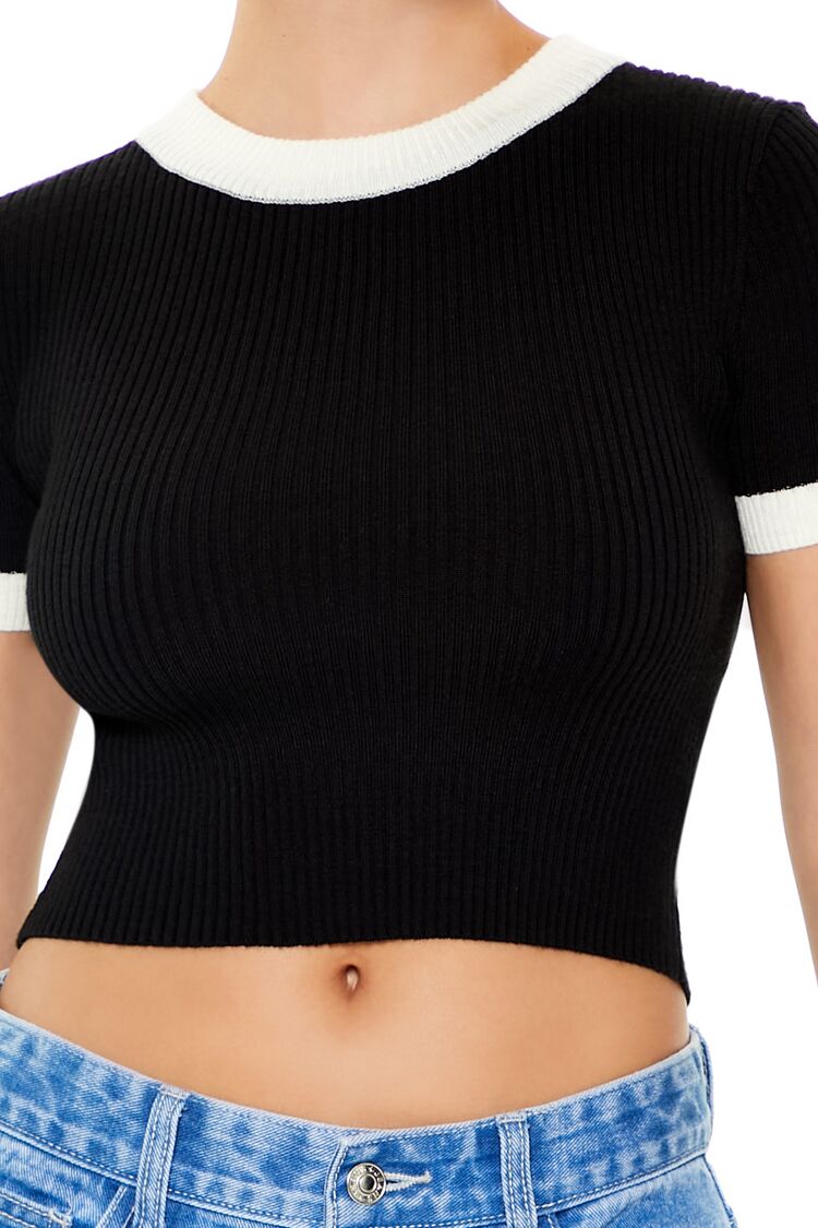  Forever 21 Sweater-Knit Ringer Cropped Tee - black white - Bonton