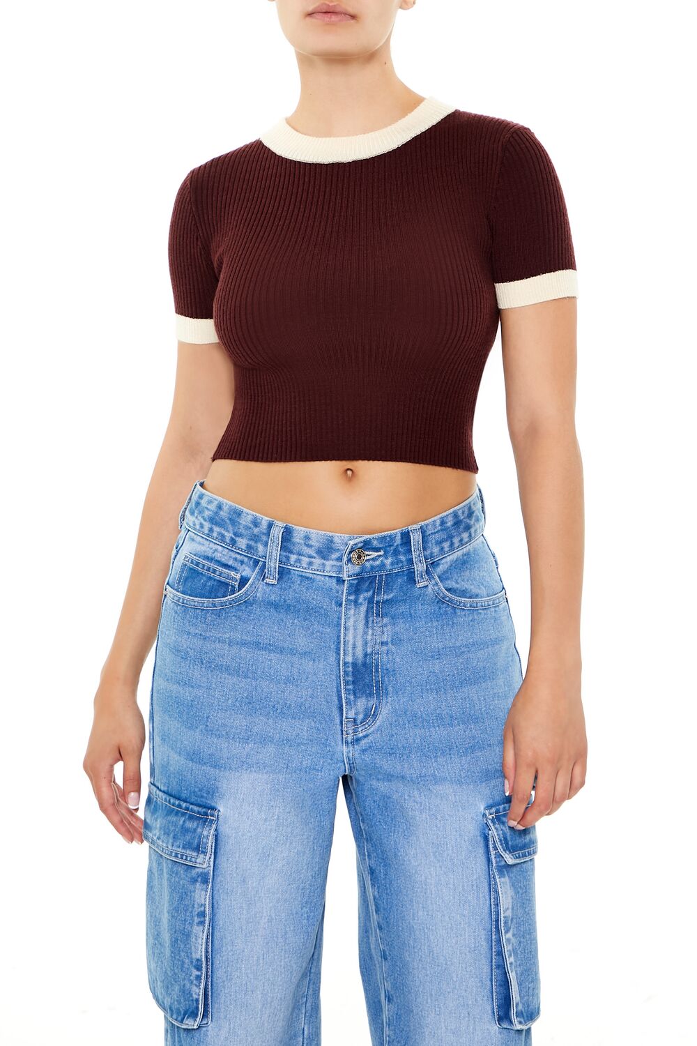  Forever 21 Sweater-Knit Ringer Cropped Tee - black white - Bonton