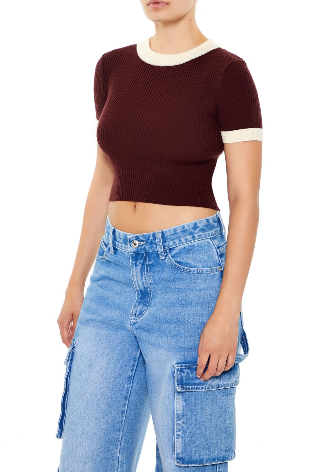  Forever 21 Sweater-Knit Ringer Cropped Tee - black white - Bonton