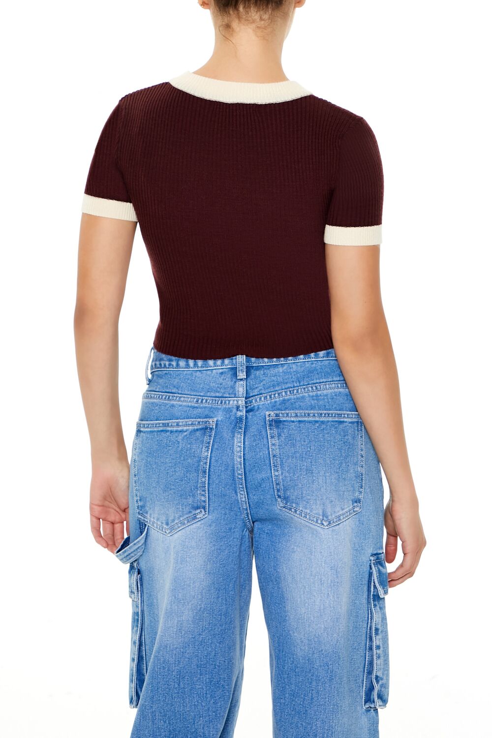  Forever 21 Sweater-Knit Ringer Cropped Tee - black white - Bonton