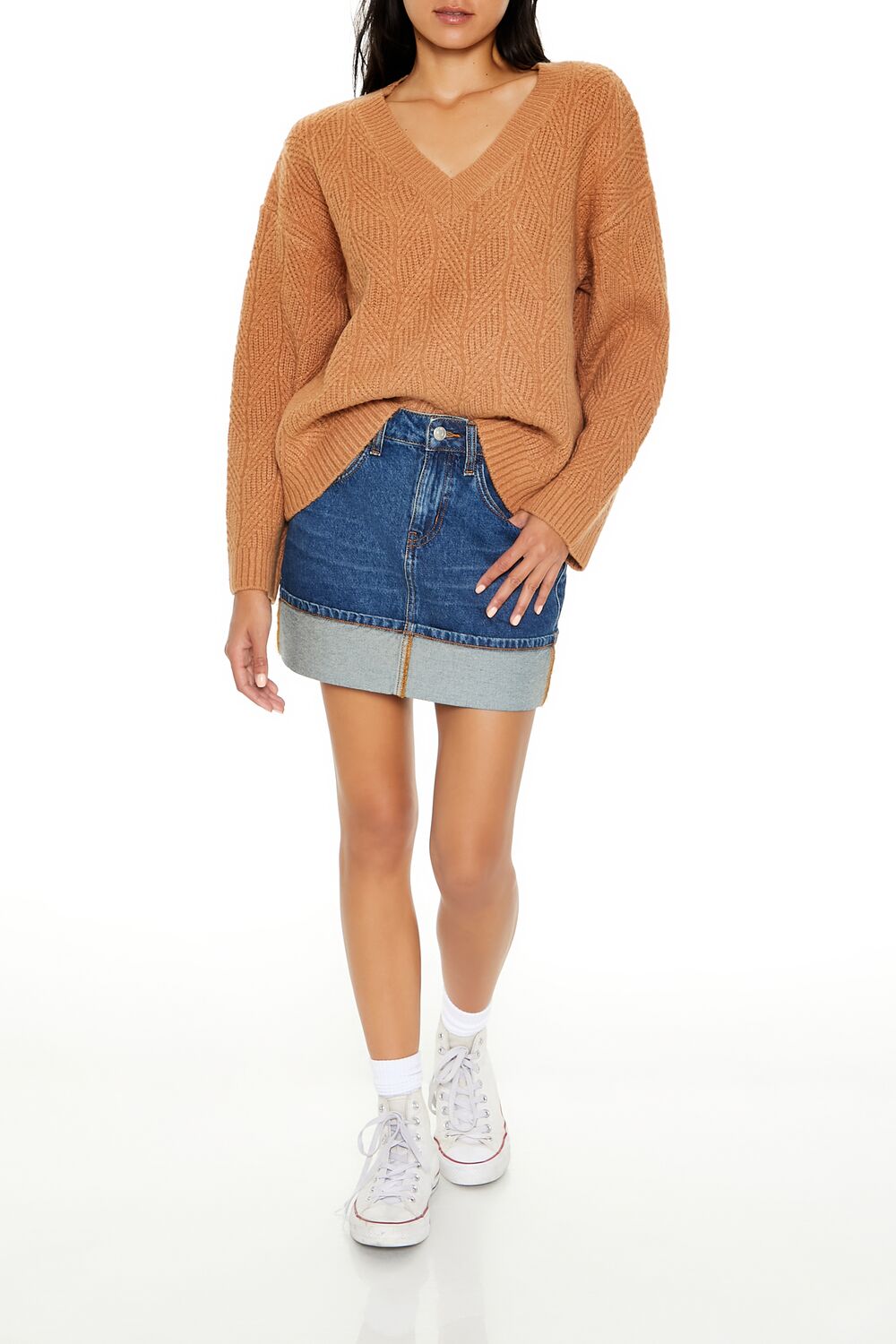  Forever 21 Geo V-Neck Drop-Sleeve Sweater - camel - Bonton