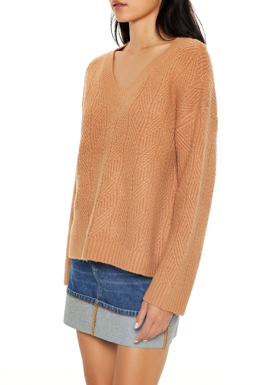  Forever 21 Geo V-Neck Drop-Sleeve Sweater - camel - Bonton