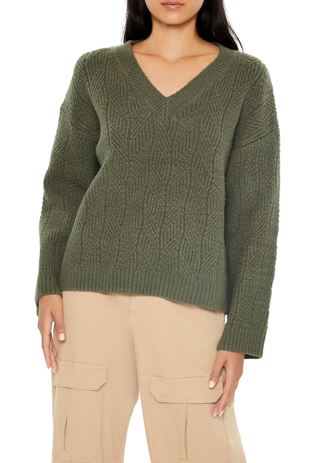  Forever 21 Geo V-Neck Drop-Sleeve Sweater - camel - Bonton