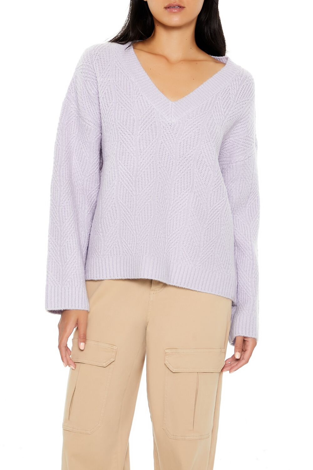  Forever 21 Geo V-Neck Drop-Sleeve Sweater - camel - Bonton