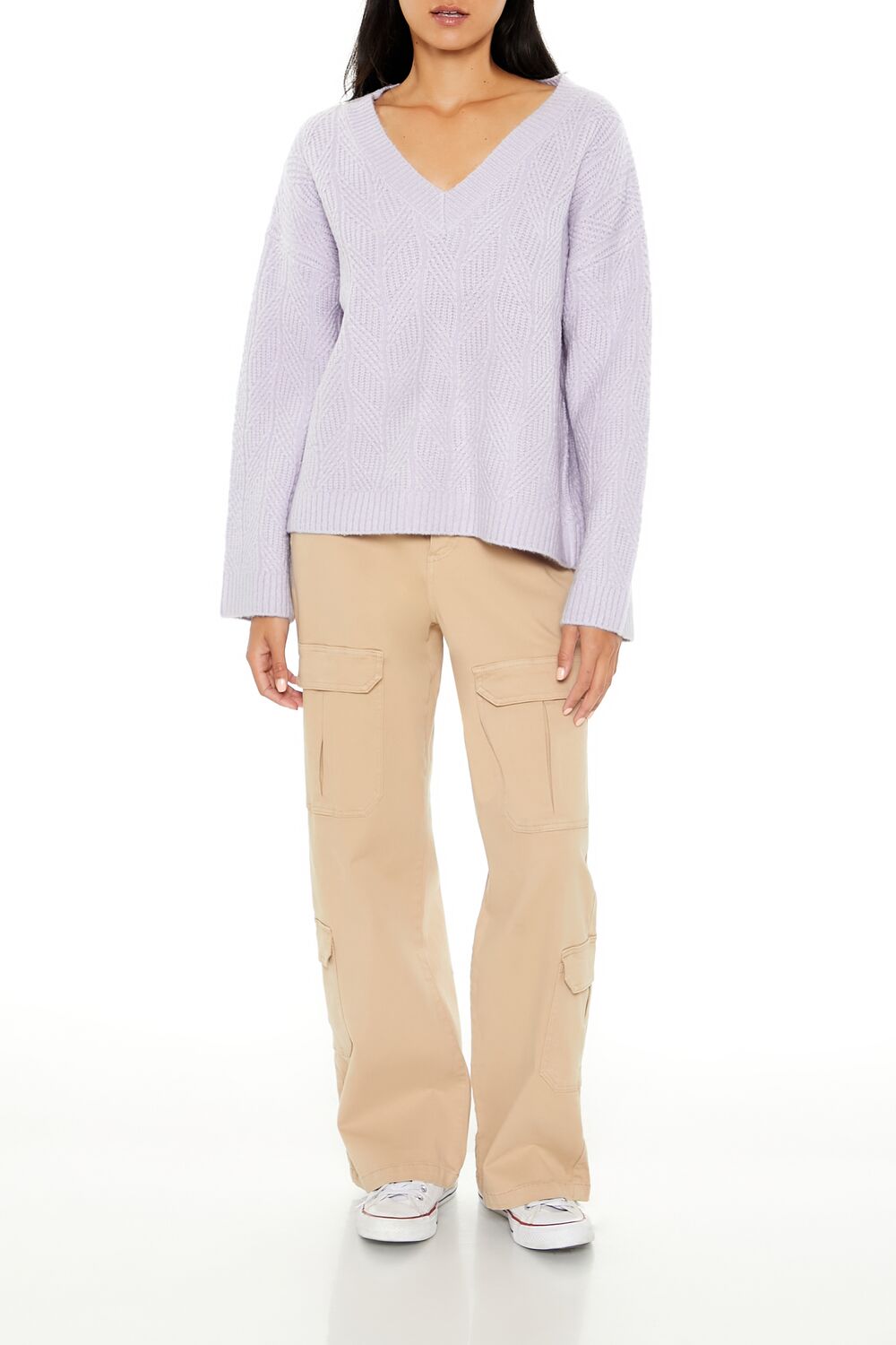  Forever 21 Geo V-Neck Drop-Sleeve Sweater - camel - Bonton