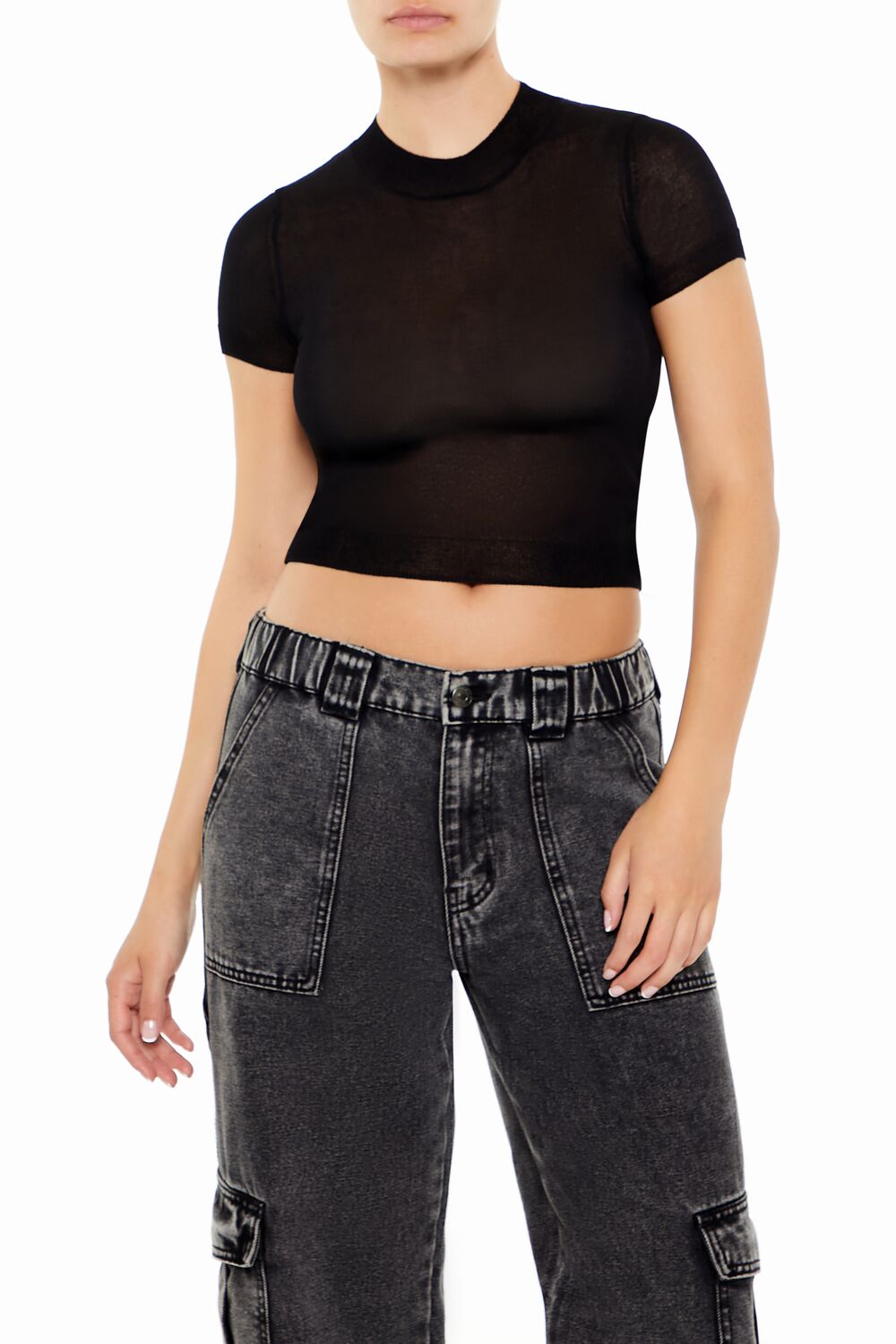  Forever 21 Cropped Sweater-Knit Tee - black - Bonton