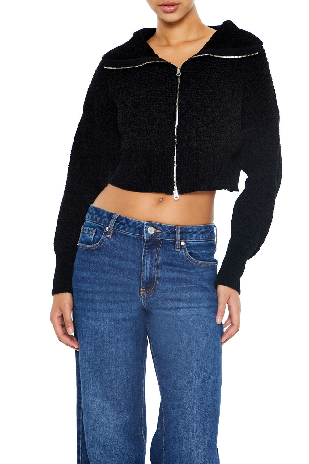  Forever 21 Cropped Zip-Up Sweater - black - Bonton