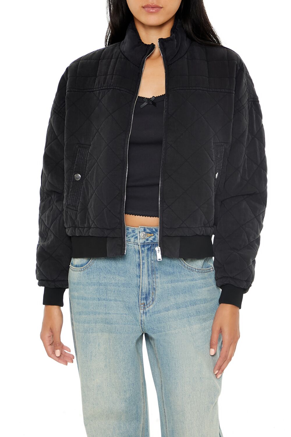  Forever 21 Quilted Zip-Up Bomber Jacket - black-swatch - Bonton