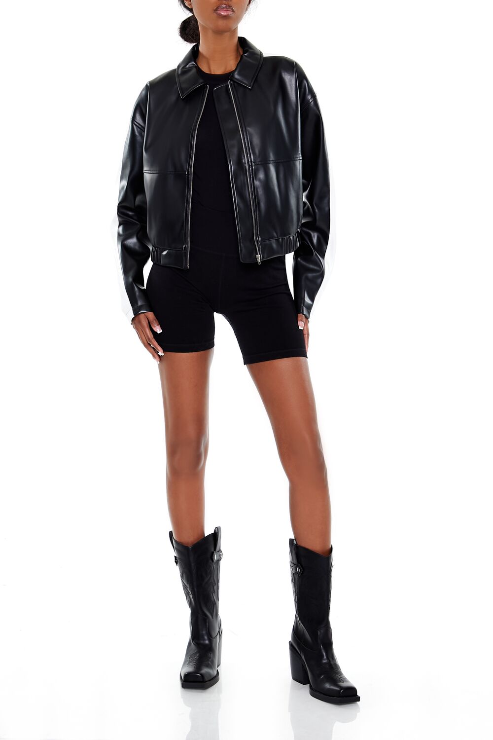  Forever 21 Cropped Colorblock Moto Jacket - black-swatch - Bonton