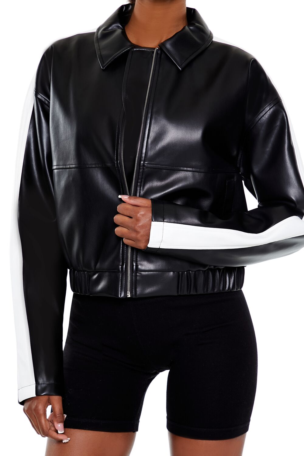  Forever 21 Cropped Colorblock Moto Jacket - black-swatch - Bonton