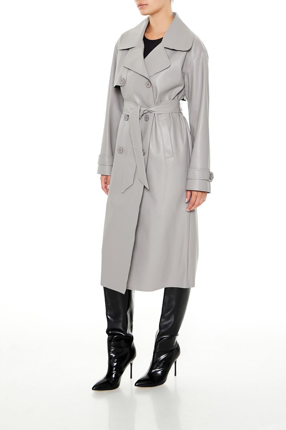  Forever 21 Faux Leather Notched Trench Coat - grey - Bonton