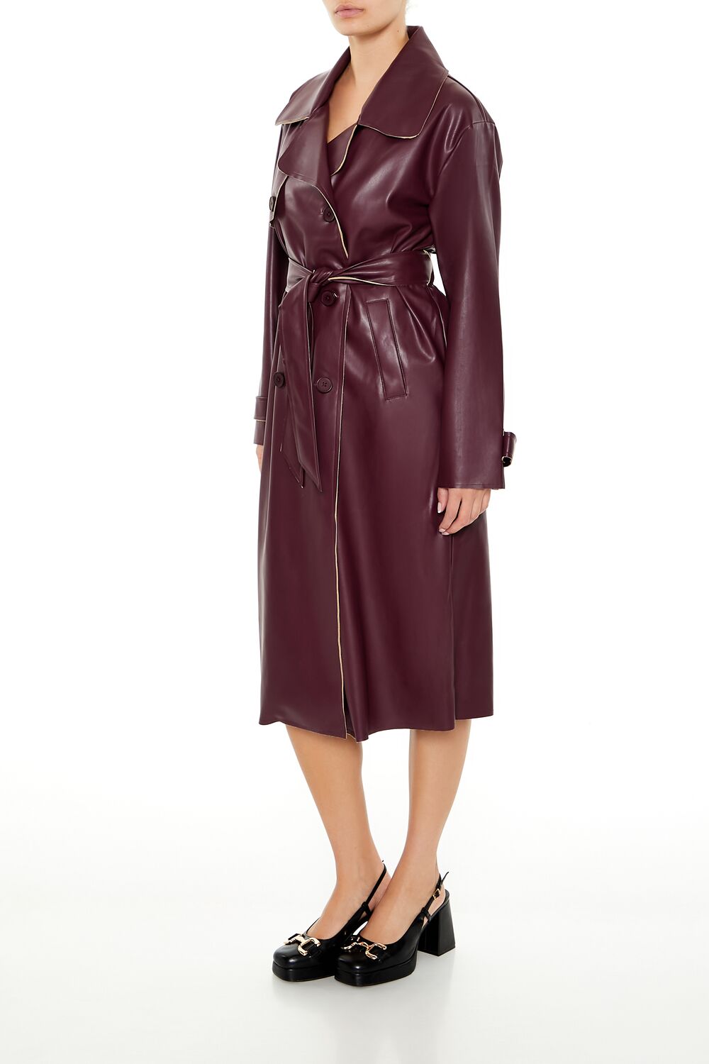  Forever 21 Faux Leather Notched Trench Coat - grey - Bonton
