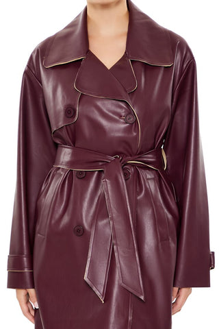 Faux Leather Notched Trench Coat