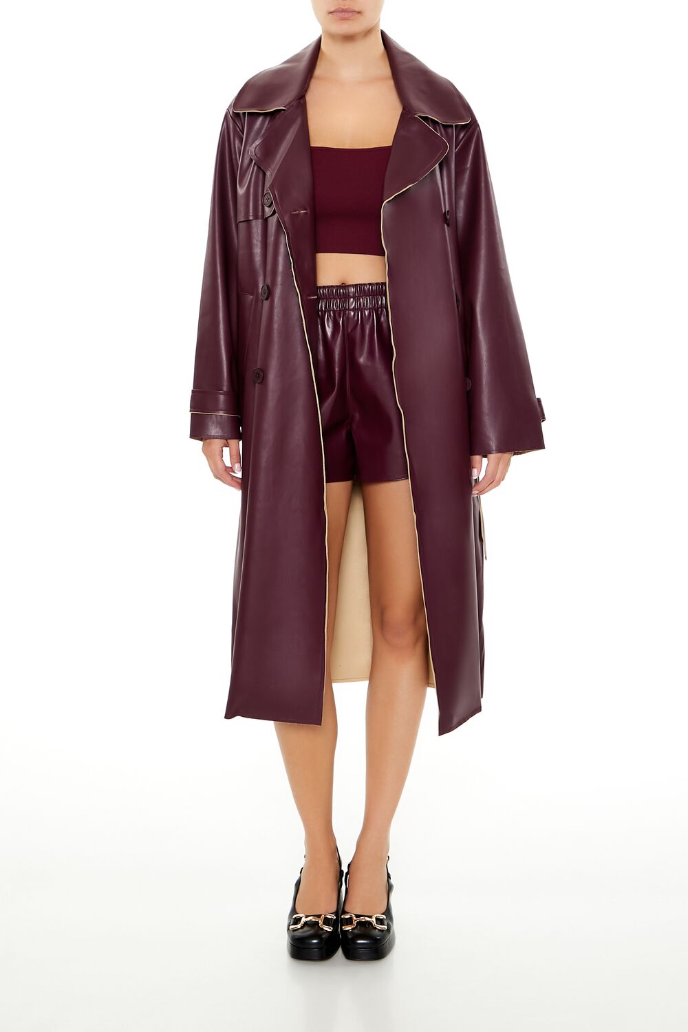  Forever 21 Faux Leather Notched Trench Coat - grey - Bonton
