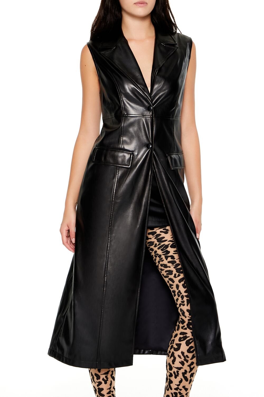  Forever 21 Notched Faux Leather Longline Vest - black - Bonton
