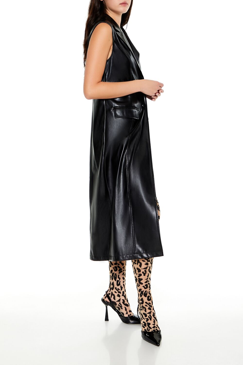  Forever 21 Notched Faux Leather Longline Vest - black - Bonton