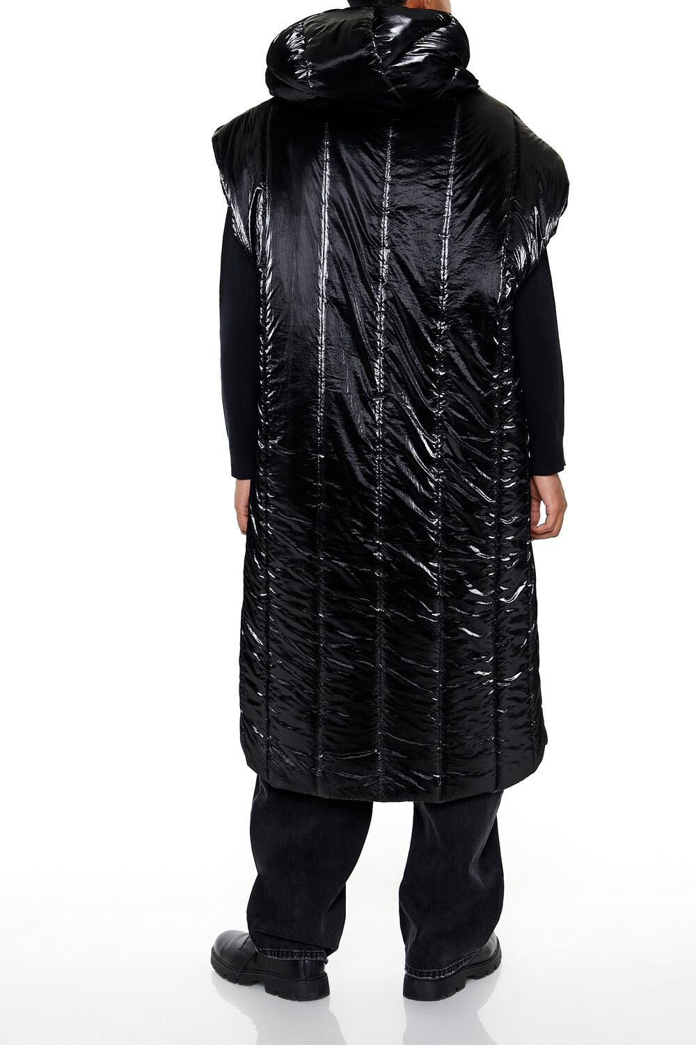  Forever 21 Hooded Longline Puffer Vest - black - Bonton