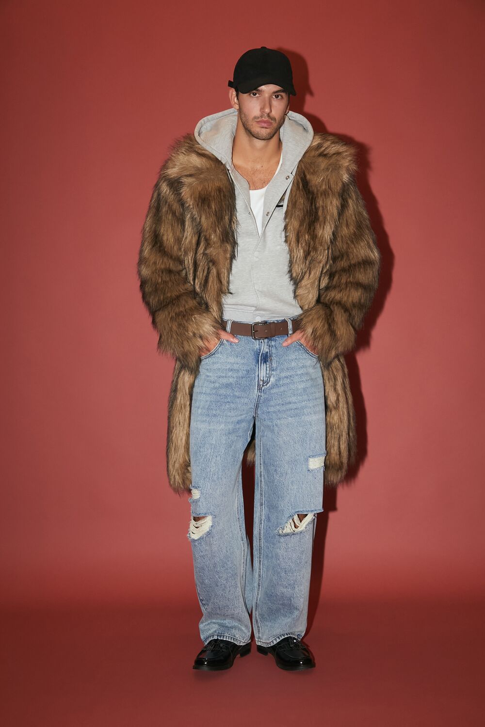  Forever 21 Faux Fur Longline Coat - brown-multi-swatch - Bonton