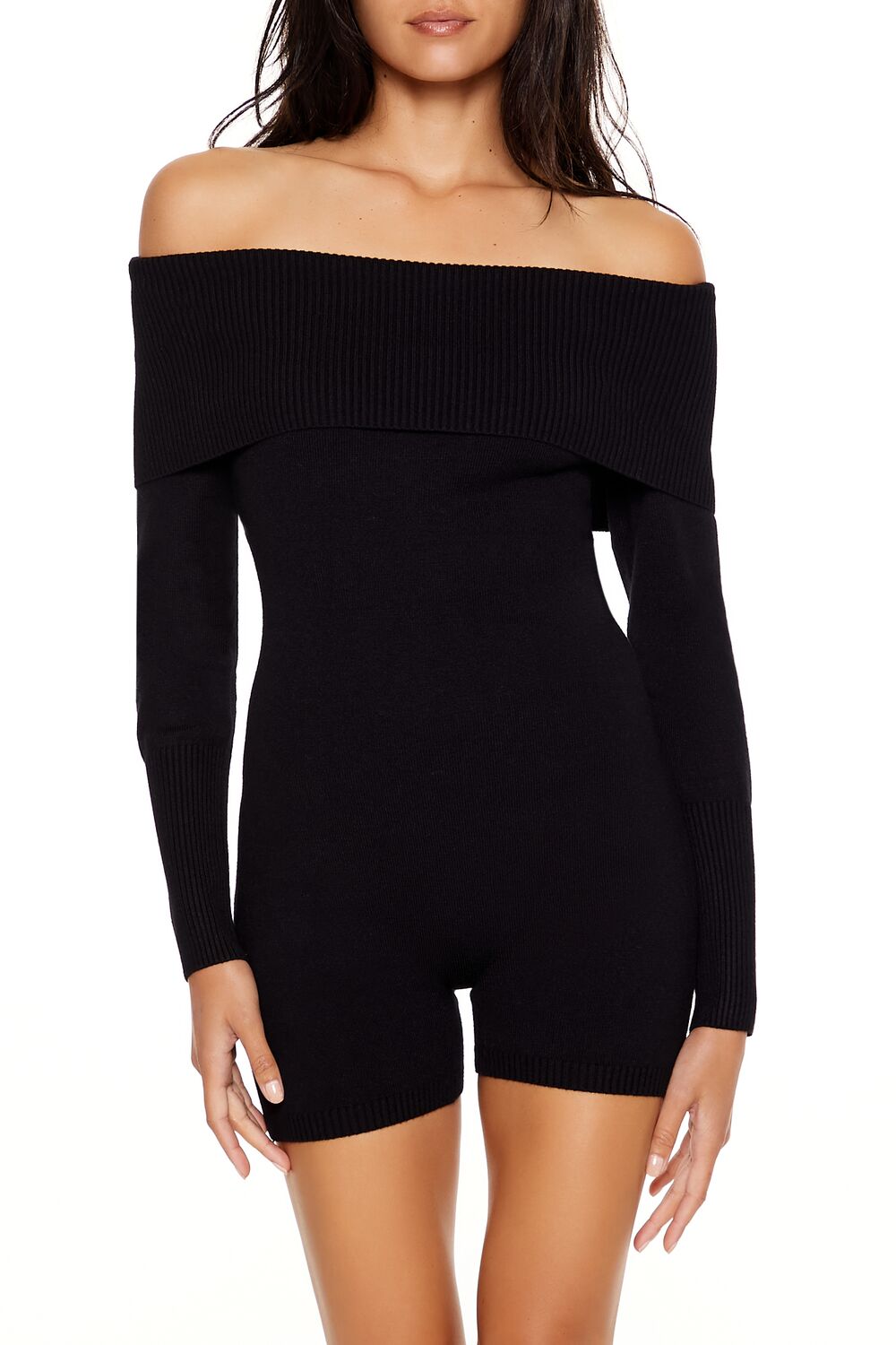  Forever 21 Sweater-Knit Off-the-Shoulder Romper - black - Bonton
