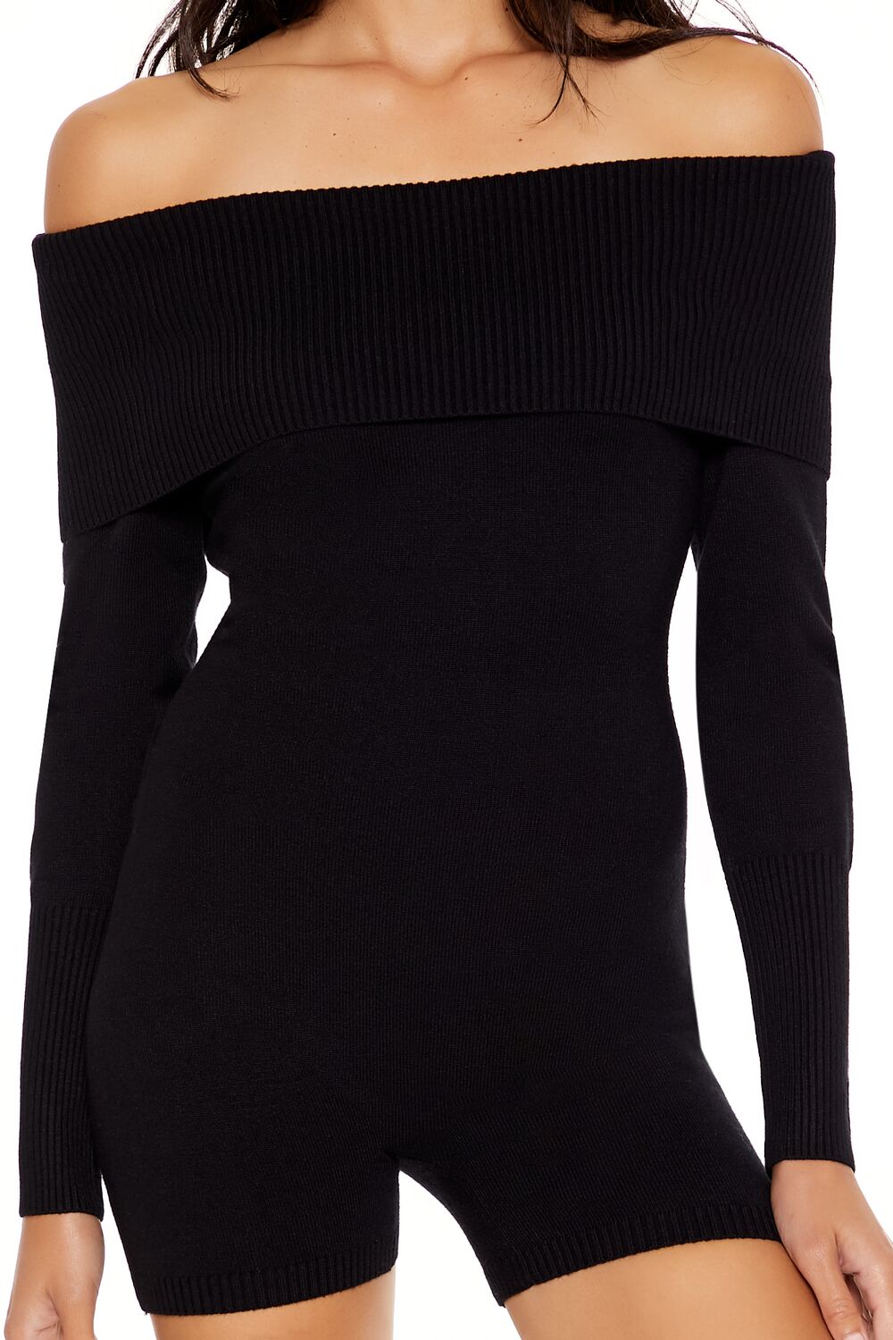  Forever 21 Sweater-Knit Off-the-Shoulder Romper - black - Bonton
