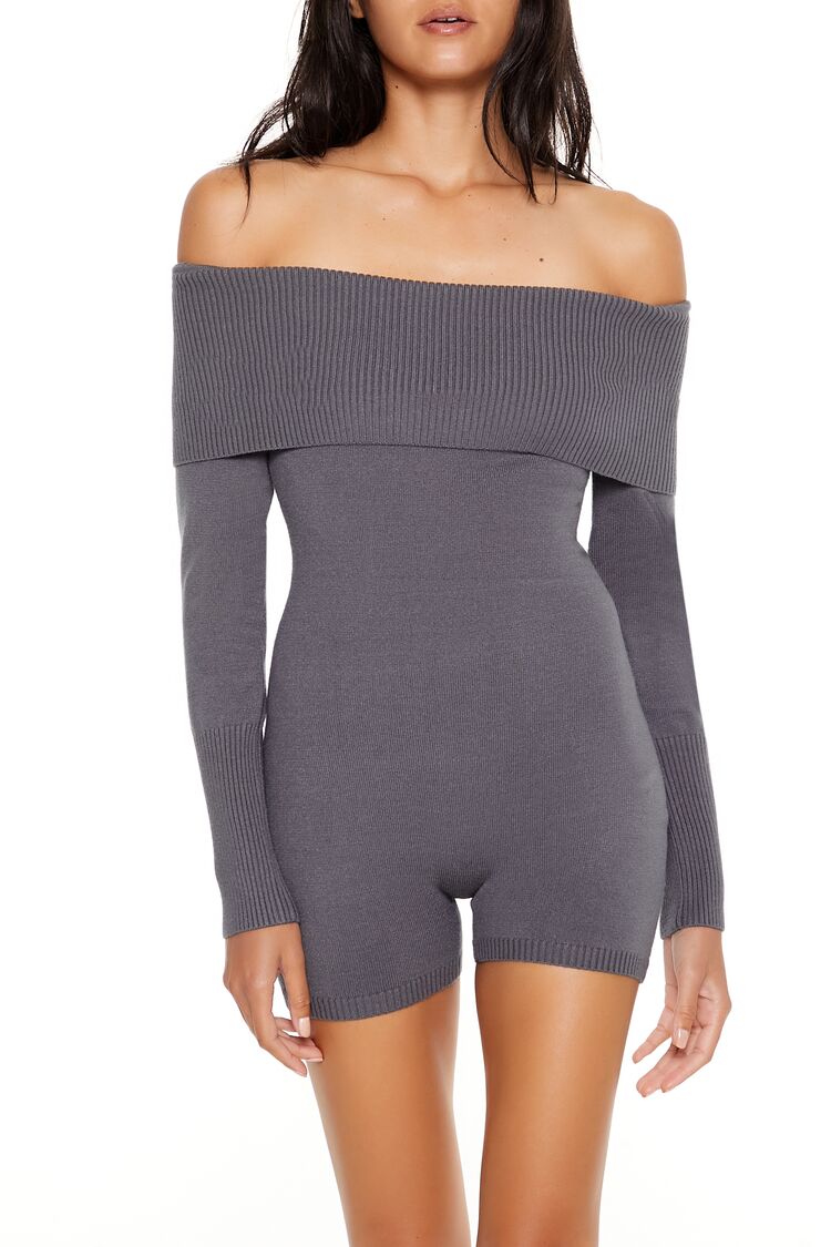  Forever 21 Sweater-Knit Off-the-Shoulder Romper - black - Bonton