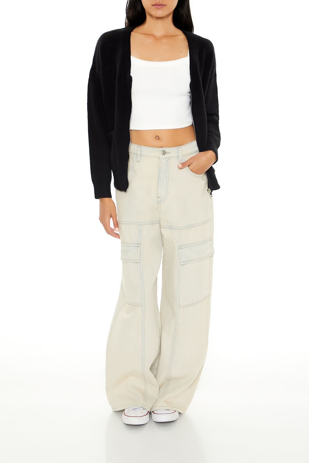  Forever 21 Drop-Sleeve Zip-Up Sweater - dark green - Bonton