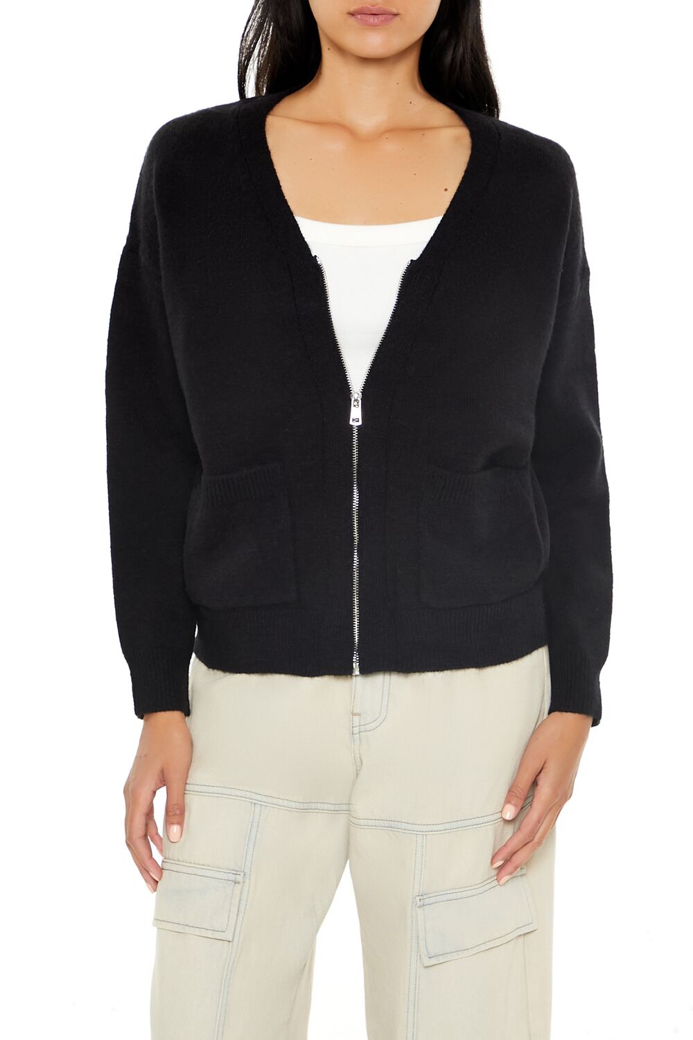  Forever 21 Drop-Sleeve Zip-Up Sweater - dark green - Bonton