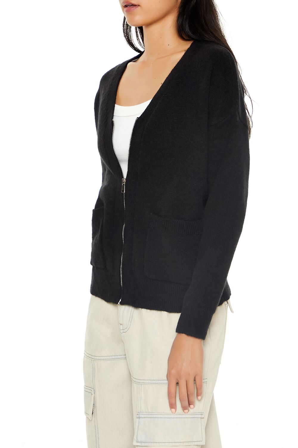  Forever 21 Drop-Sleeve Zip-Up Sweater - dark green - Bonton
