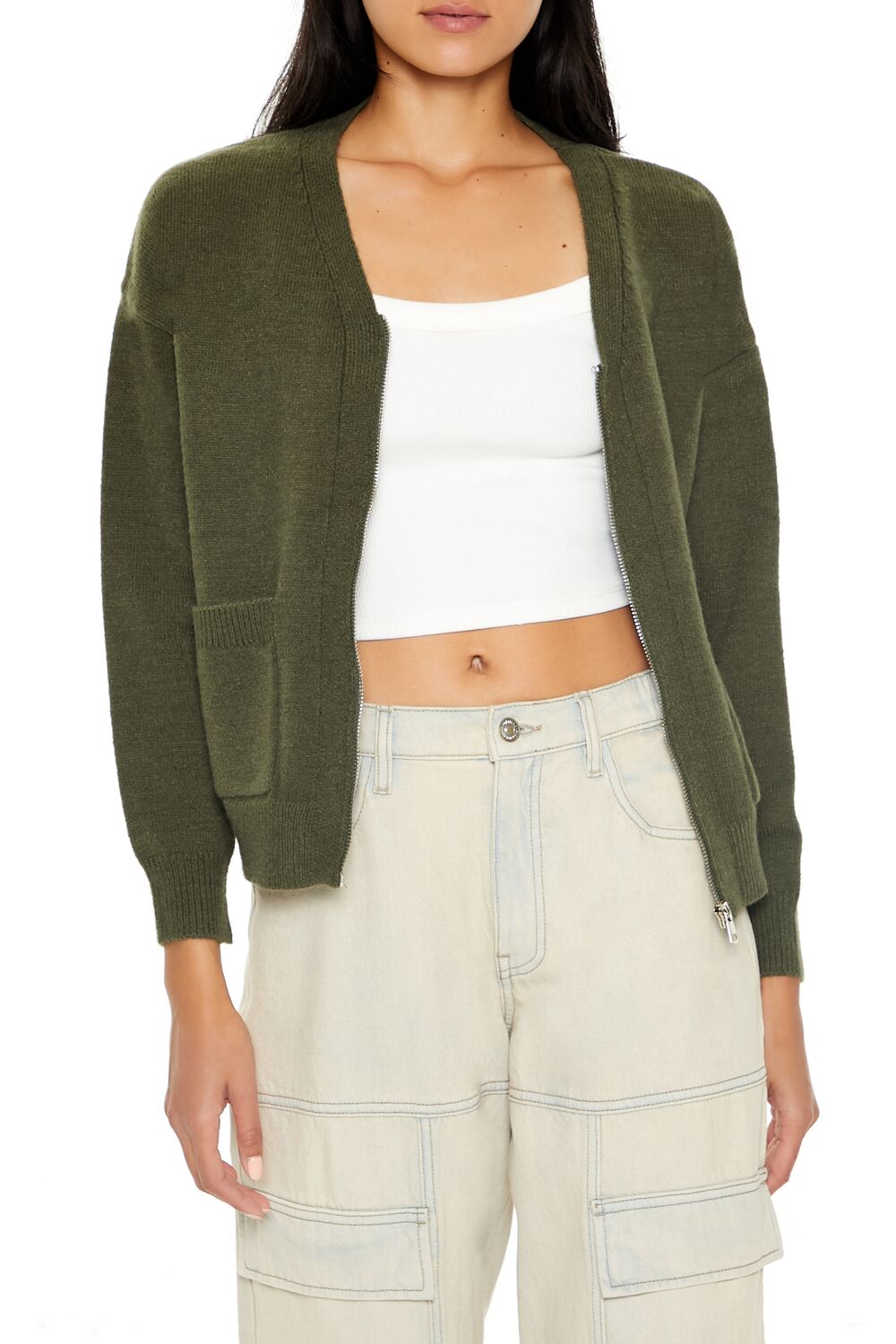  Forever 21 Drop-Sleeve Zip-Up Sweater - dark green - Bonton