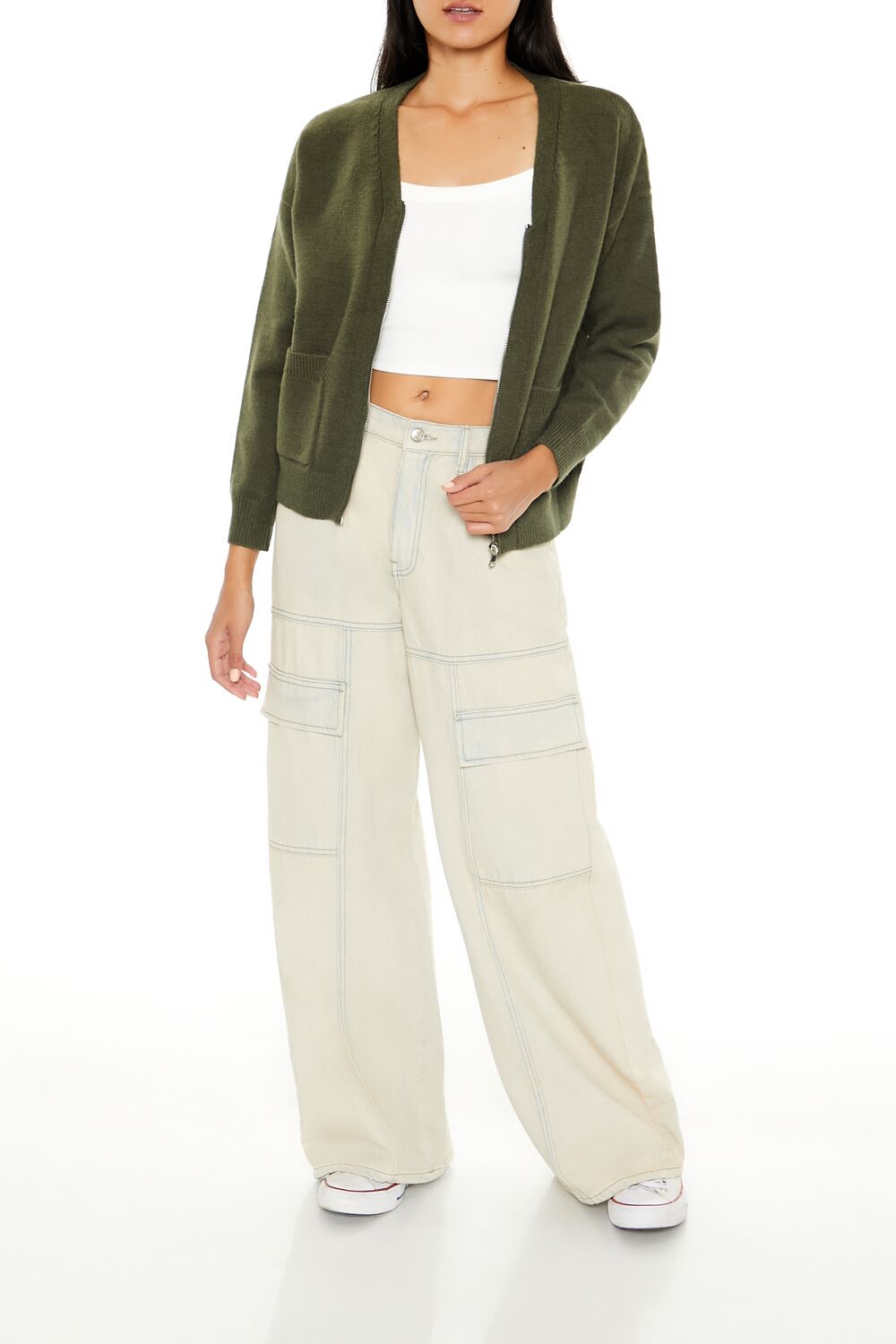  Forever 21 Drop-Sleeve Zip-Up Sweater - dark green - Bonton
