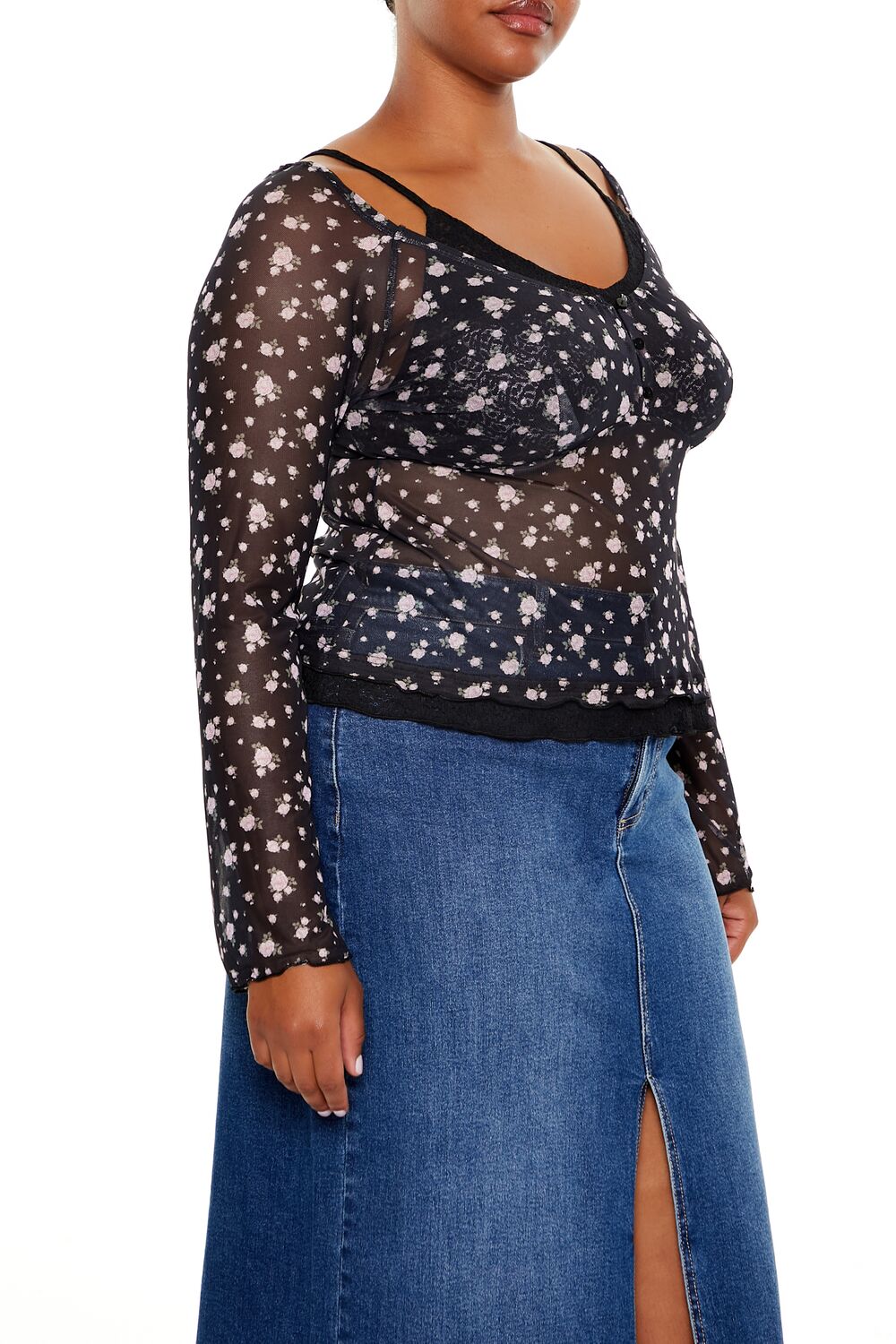  Forever 21 Plus Size Floral Print Combo Top - black multi - Bonton