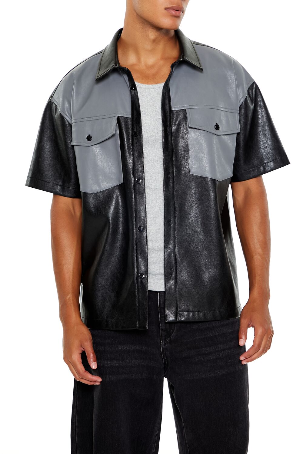  Forever 21 Faux Leather Colorblock Shirt - black grey - Bonton