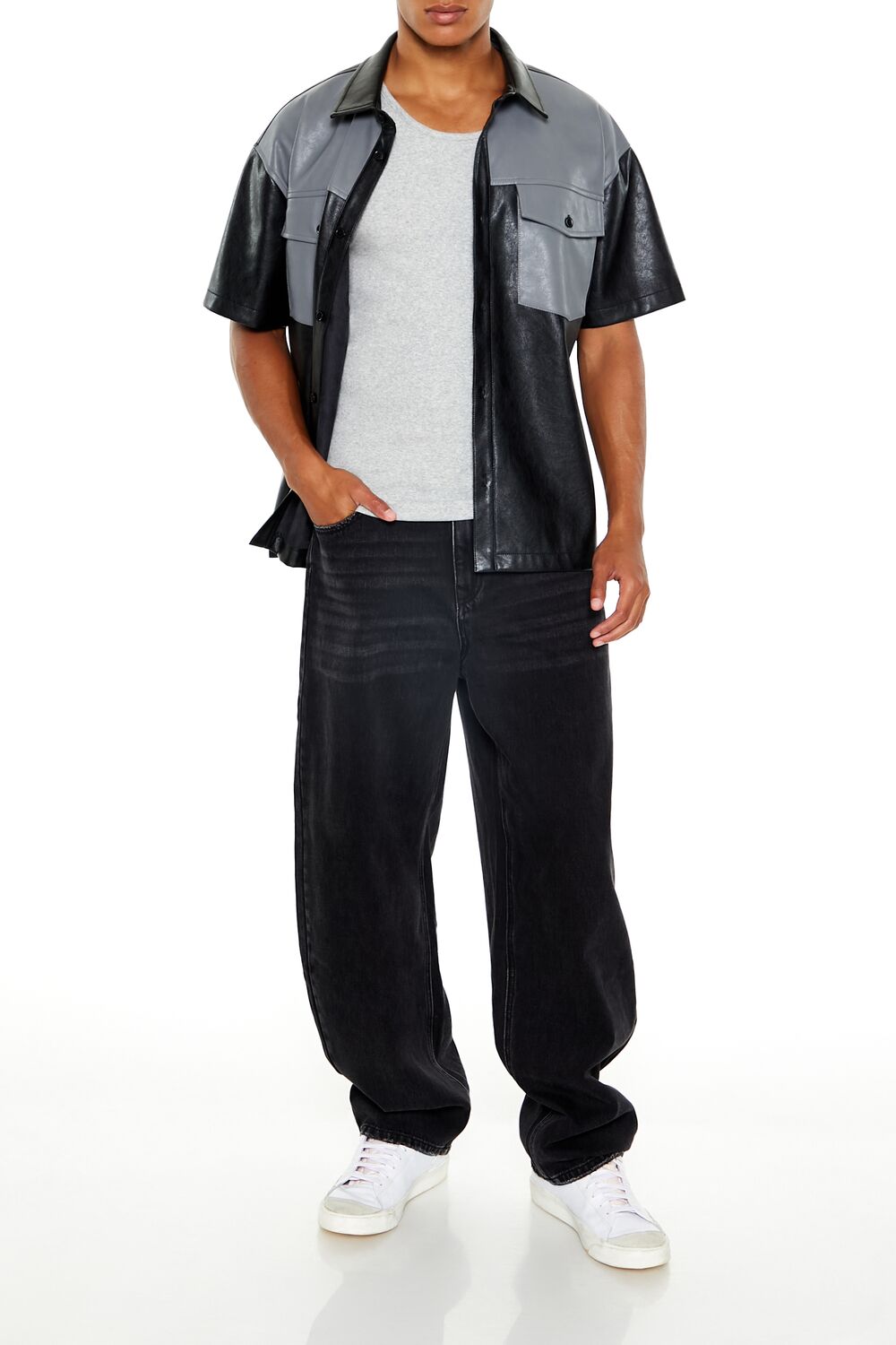  Forever 21 Faux Leather Colorblock Shirt - black grey - Bonton