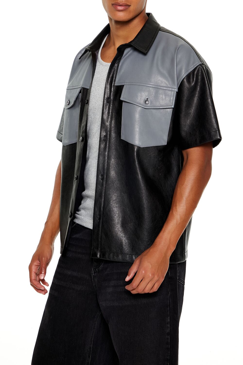  Forever 21 Faux Leather Colorblock Shirt - black grey - Bonton