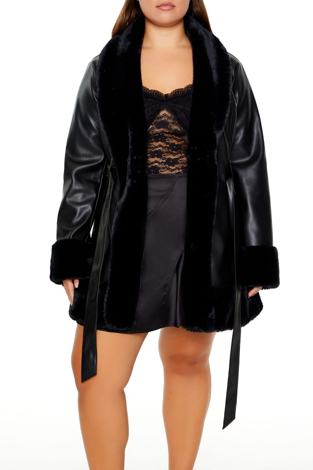  Forever 21 Plus Size Faux Fur-Trim Trench Coat - black-swatch - Bonton