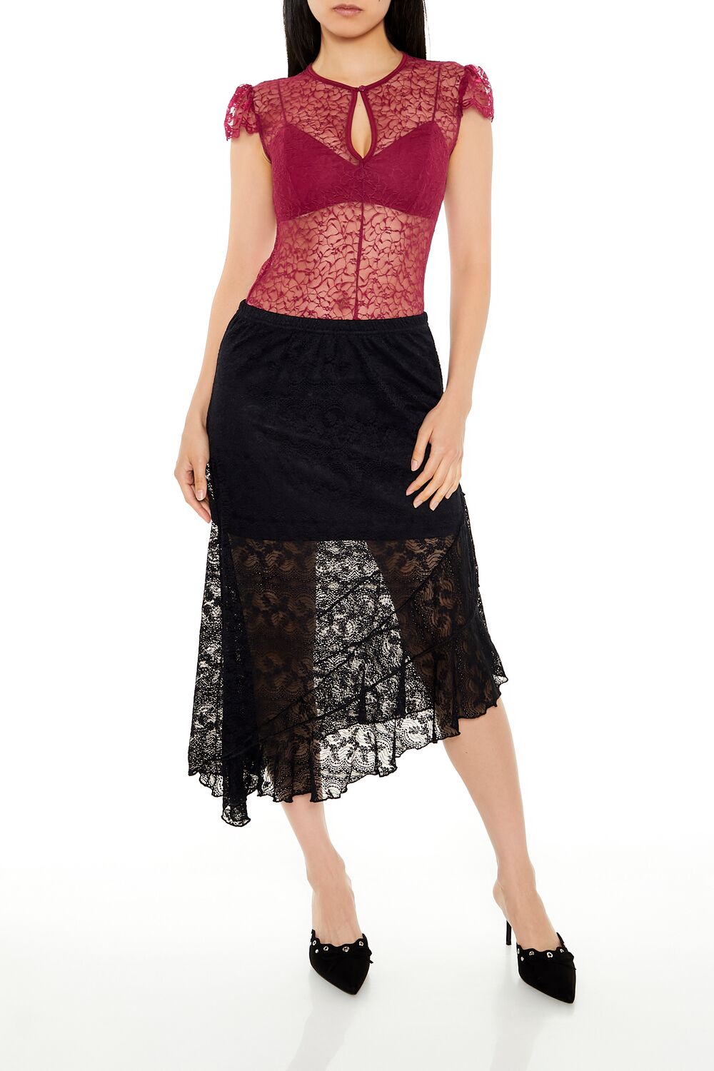  Forever 21 Sheer Lace Thong Bodysuit - red - Bonton