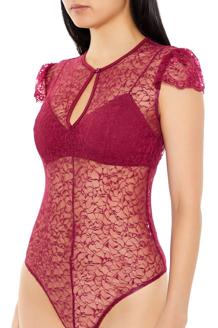  Forever 21 Sheer Lace Thong Bodysuit - red - Bonton