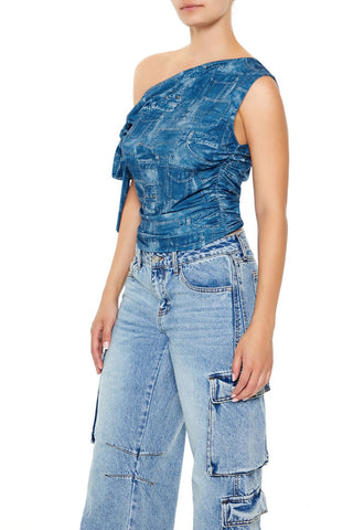 Denim Print Off-the-Shoulder Top