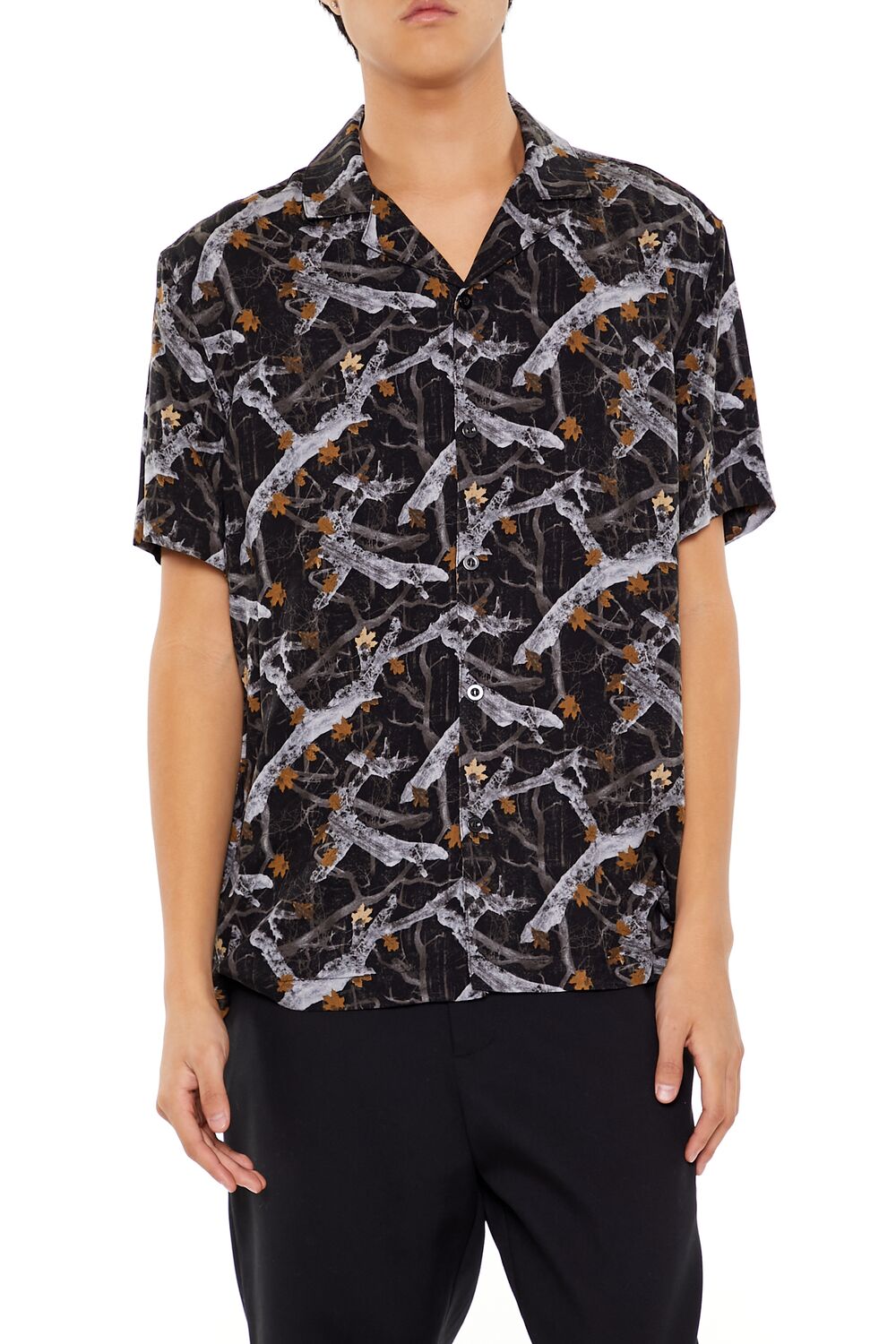  Forever 21 Leaf Print Short-Sleeve Shirt - black multi - Bonton