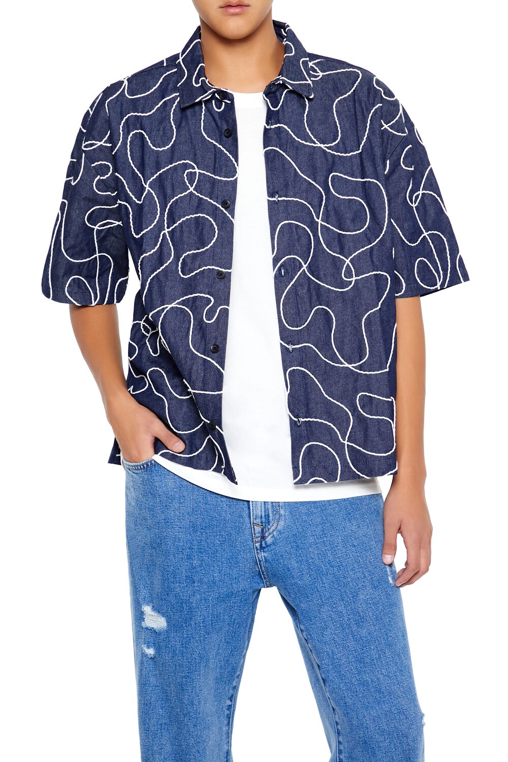  Forever 21 Cropped Chain-Stitched Embroidered Shirt - navy white - Bonton