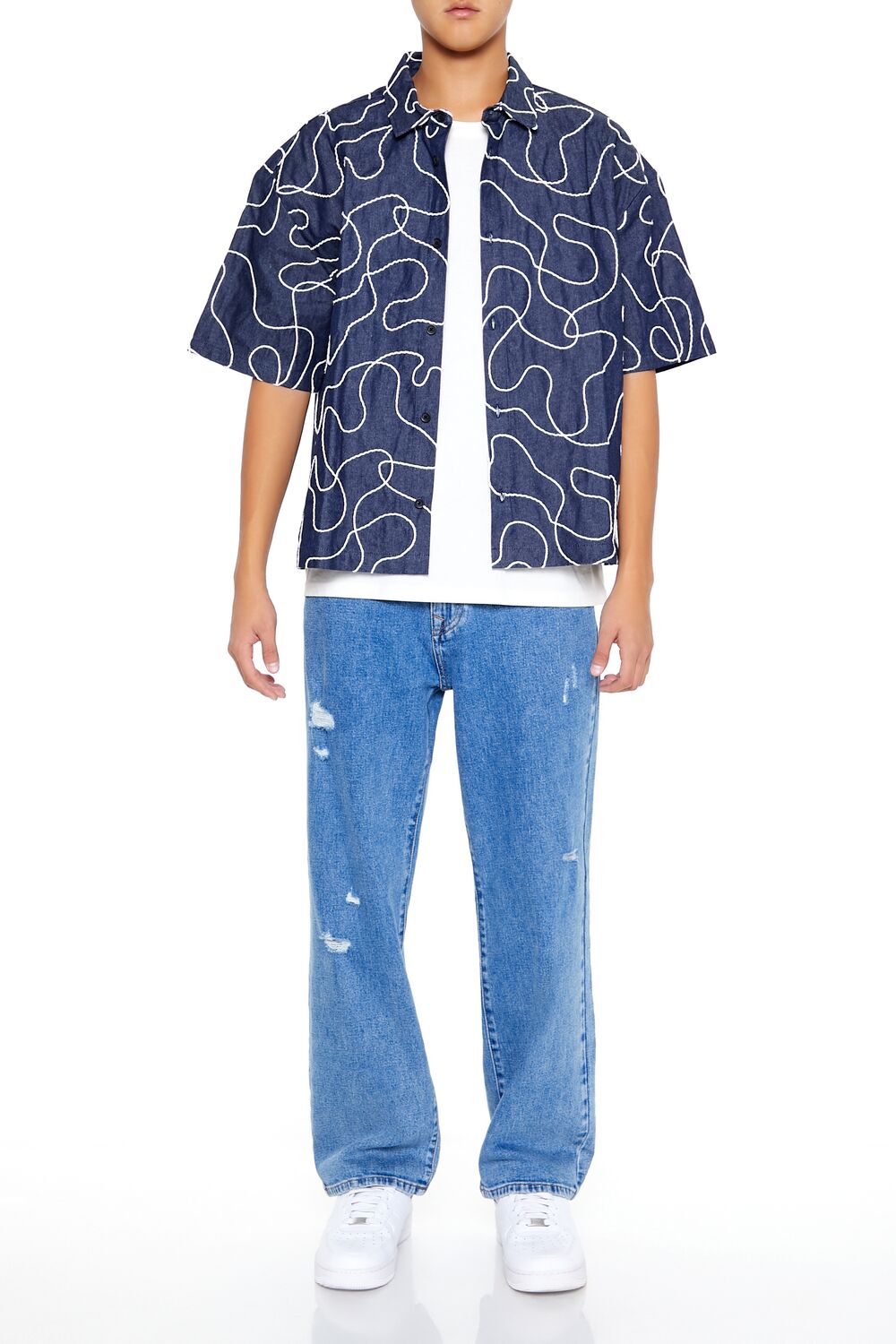  Forever 21 Cropped Chain-Stitched Embroidered Shirt - navy white - Bonton