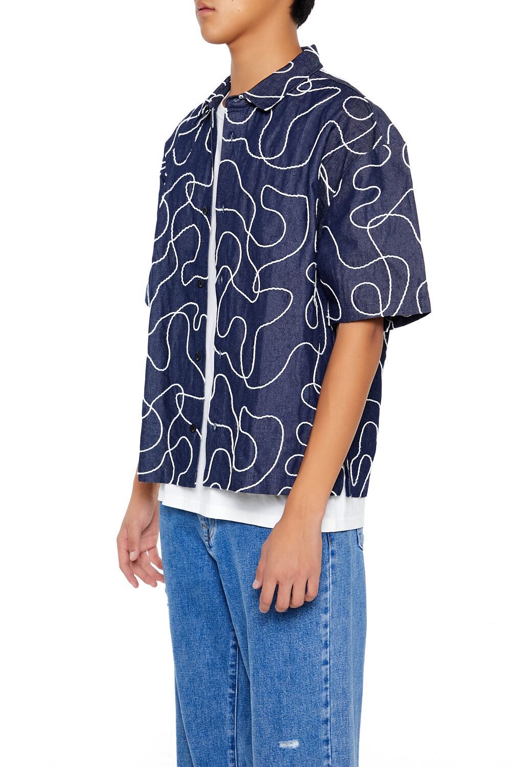  Forever 21 Cropped Chain-Stitched Embroidered Shirt - navy white - Bonton