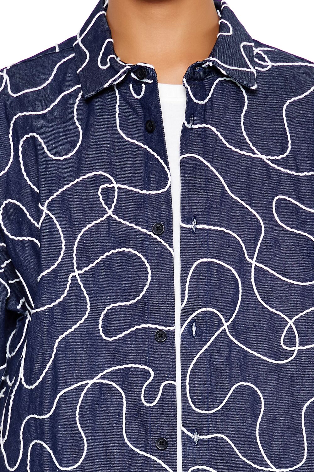  Forever 21 Cropped Chain-Stitched Embroidered Shirt - navy white - Bonton
