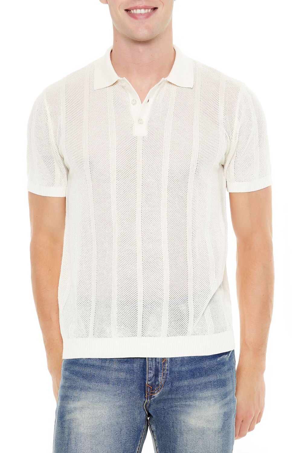  Forever 21 Crochet Sweater-Knit Polo Shirt - cream - Bonton