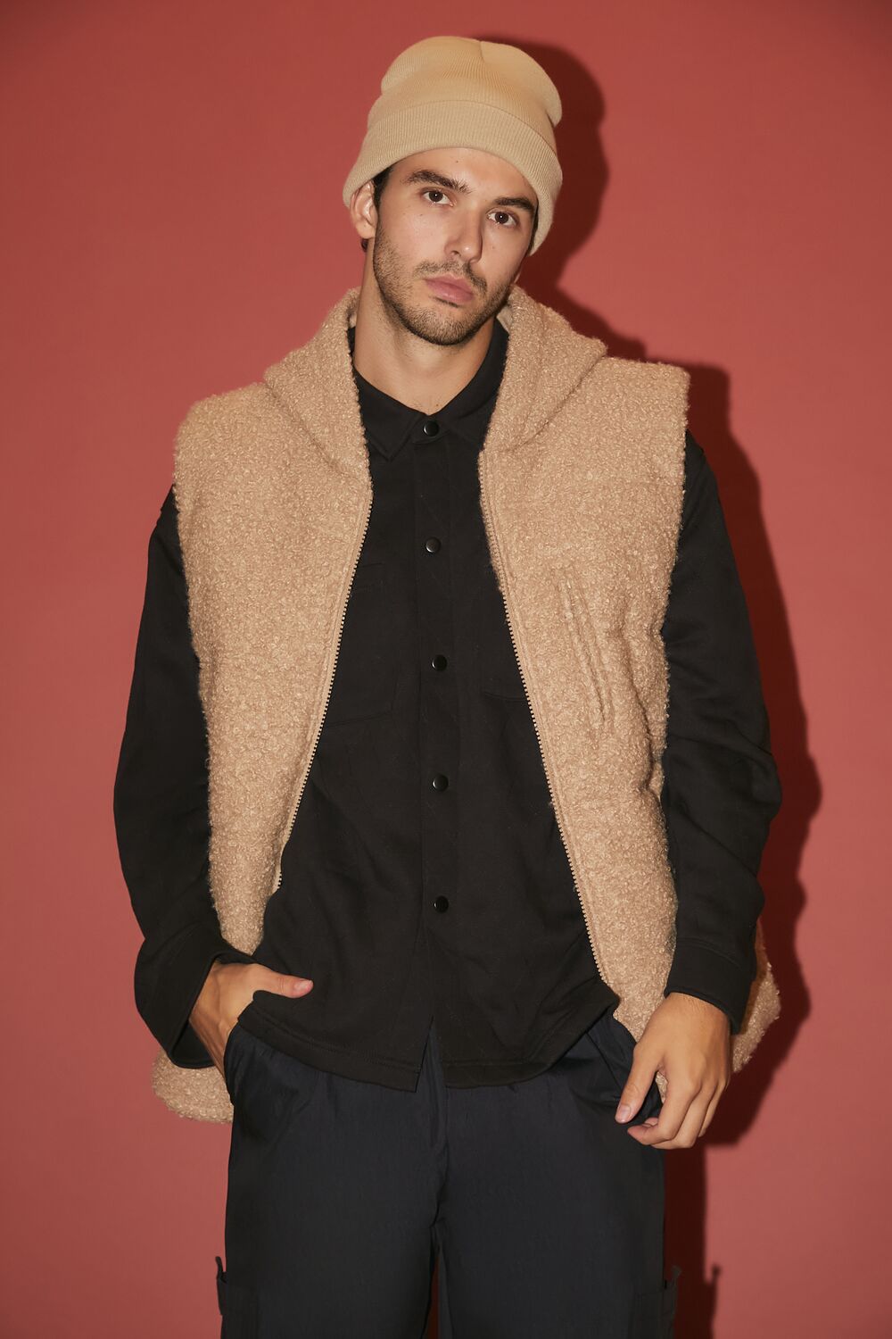  Forever 21 Hooded Faux Shearling Vest - taupe - Bonton