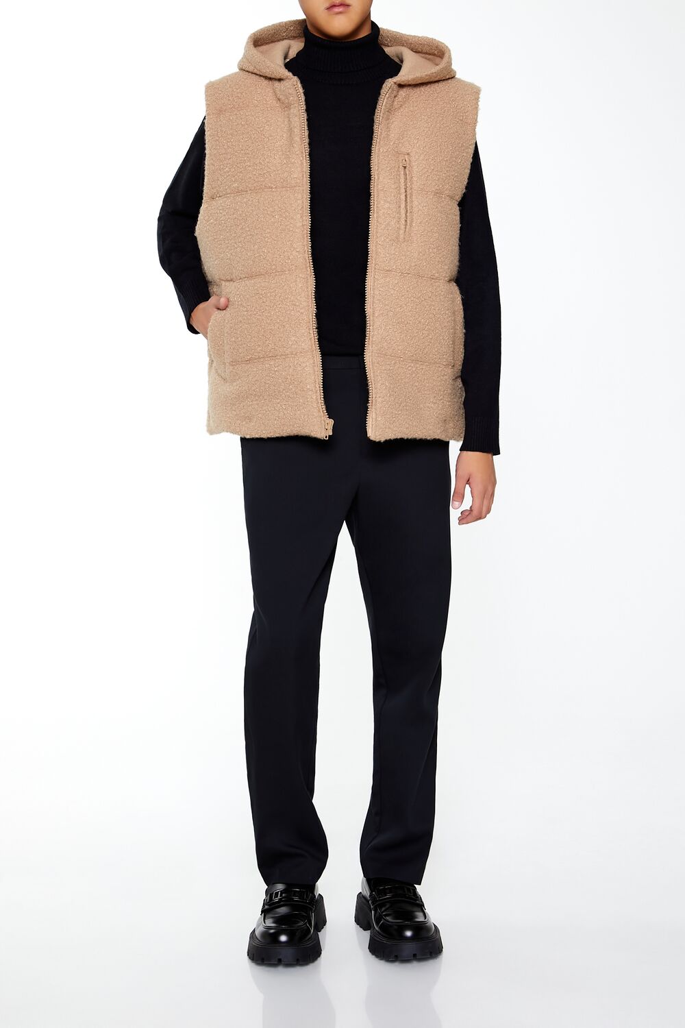  Forever 21 Hooded Faux Shearling Vest - taupe - Bonton