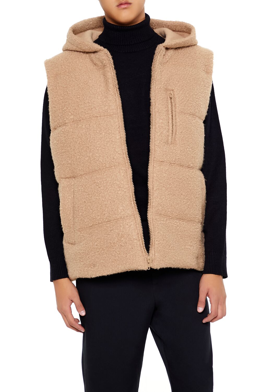  Forever 21 Hooded Faux Shearling Vest - taupe - Bonton