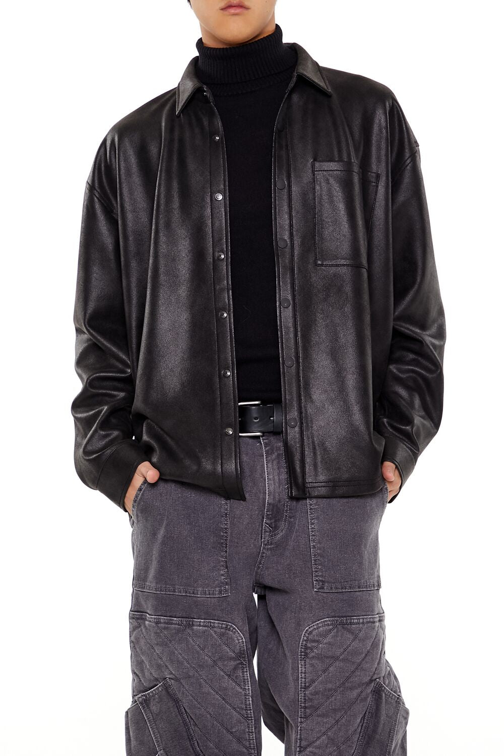  Forever 21 Faux Leather Button-Front Shirt - black - Bonton