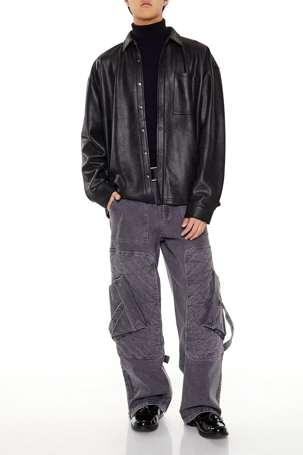  Forever 21 Faux Leather Button-Front Shirt - black - Bonton