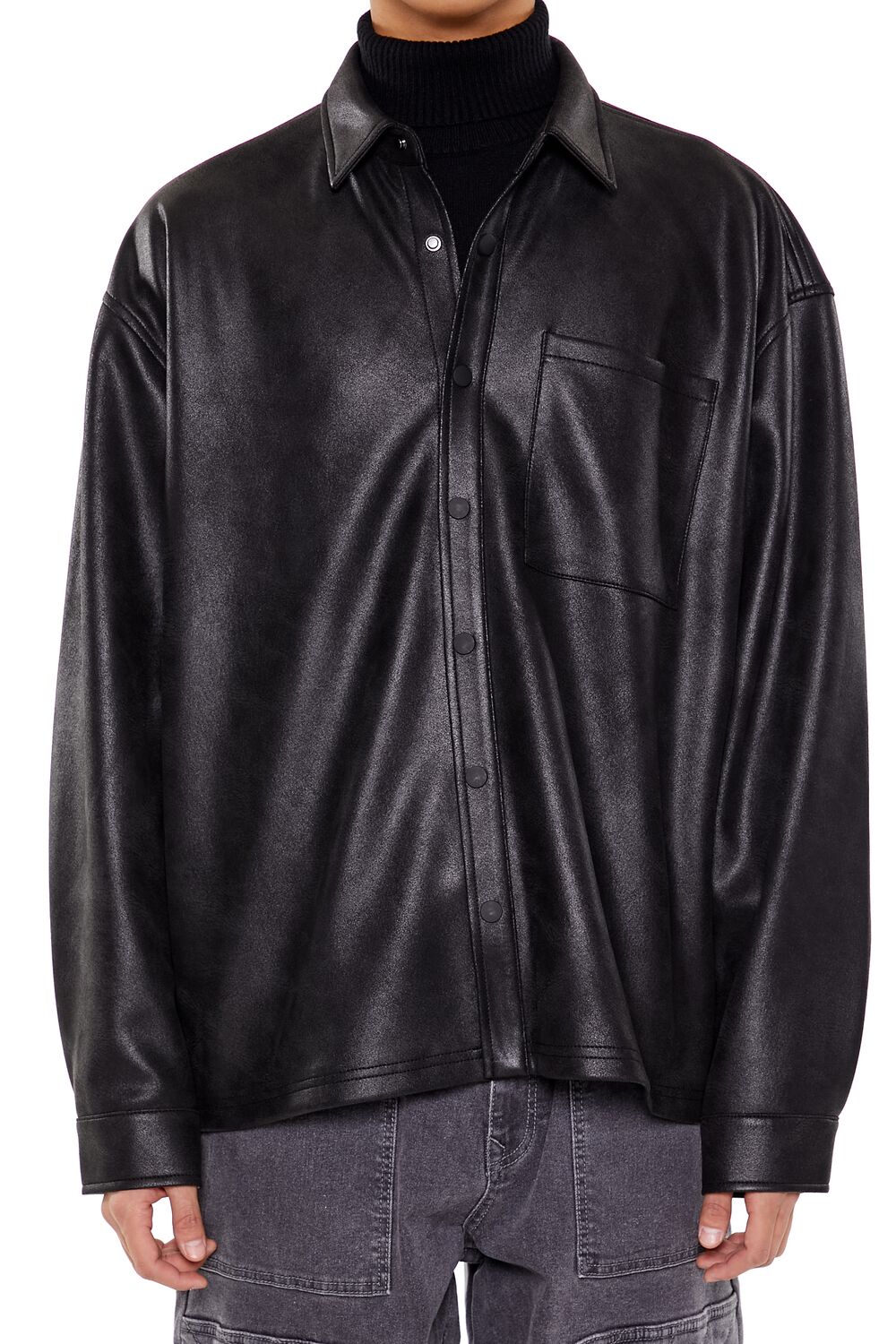  Forever 21 Faux Leather Button-Front Shirt - black - Bonton